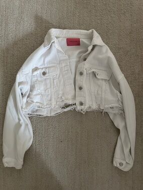 Cropped Distressed White Denim Jacket
